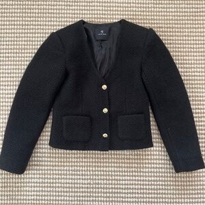 Anine Bing Black Cropped Bouclé Blazer Cardigan Gold Crest Buttons Luxe Knitwear